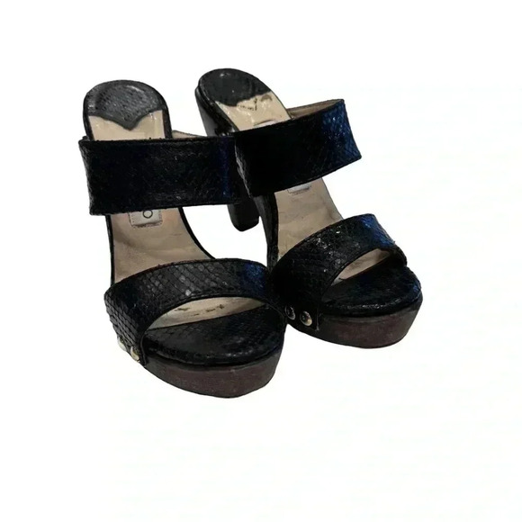 Jimmy Choo Ulrika Black Leather Snakeskin Wood Sandals High Heel Size EU 38 US 8 - Picture 1 of 12